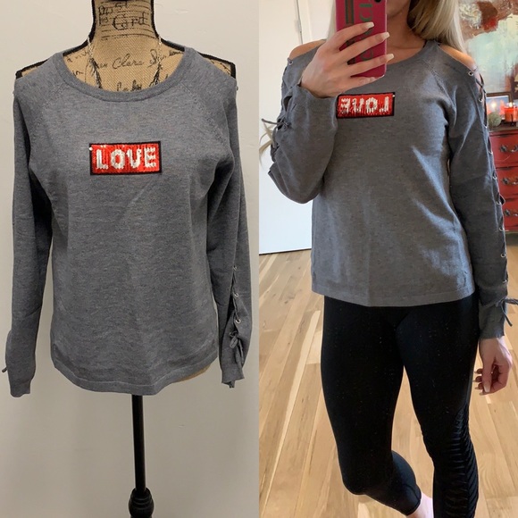 Sweaters - Lace-Up Sleeve Love Patch Sweater